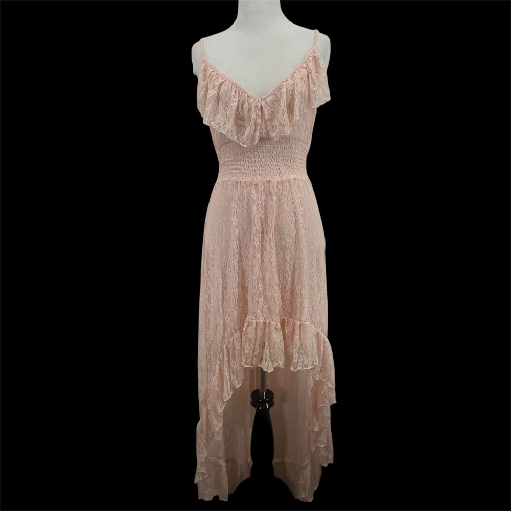 Three Hearts Size XS High-Low Dress Pink Lace Ruffle‎ Smocked Waist Coquette